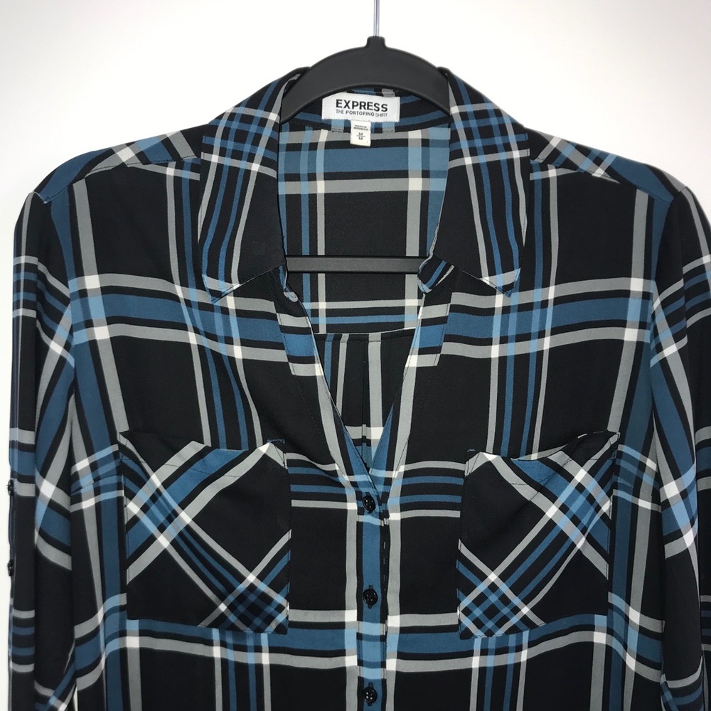 Express The Portofino Shirt Blue Black Plaid - Picture 5 of 10